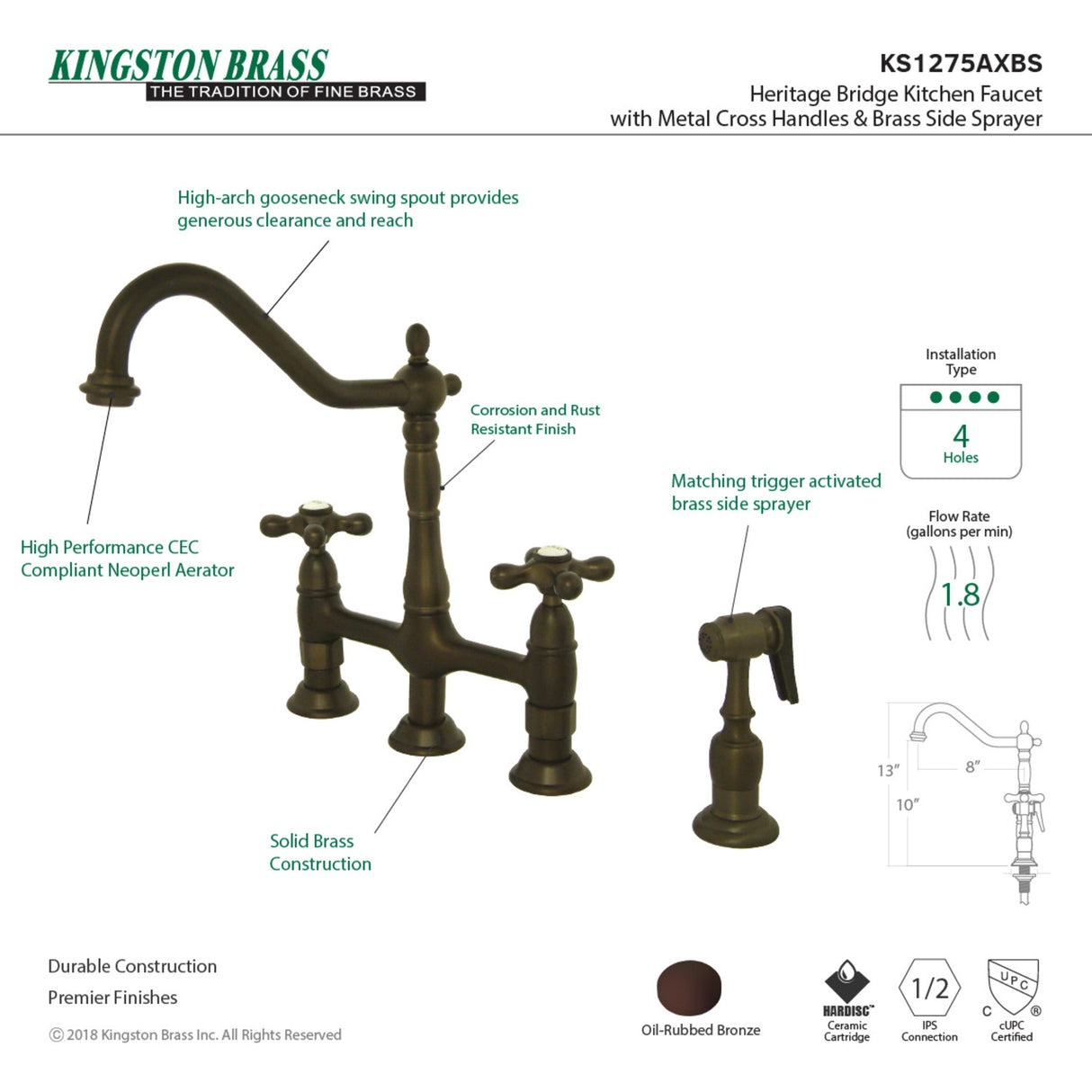 Kingston Brass KS1275AXBS Heritage Bridge Kitchen Faucet with Brass Sprayer, Oil Rubbed Bronze