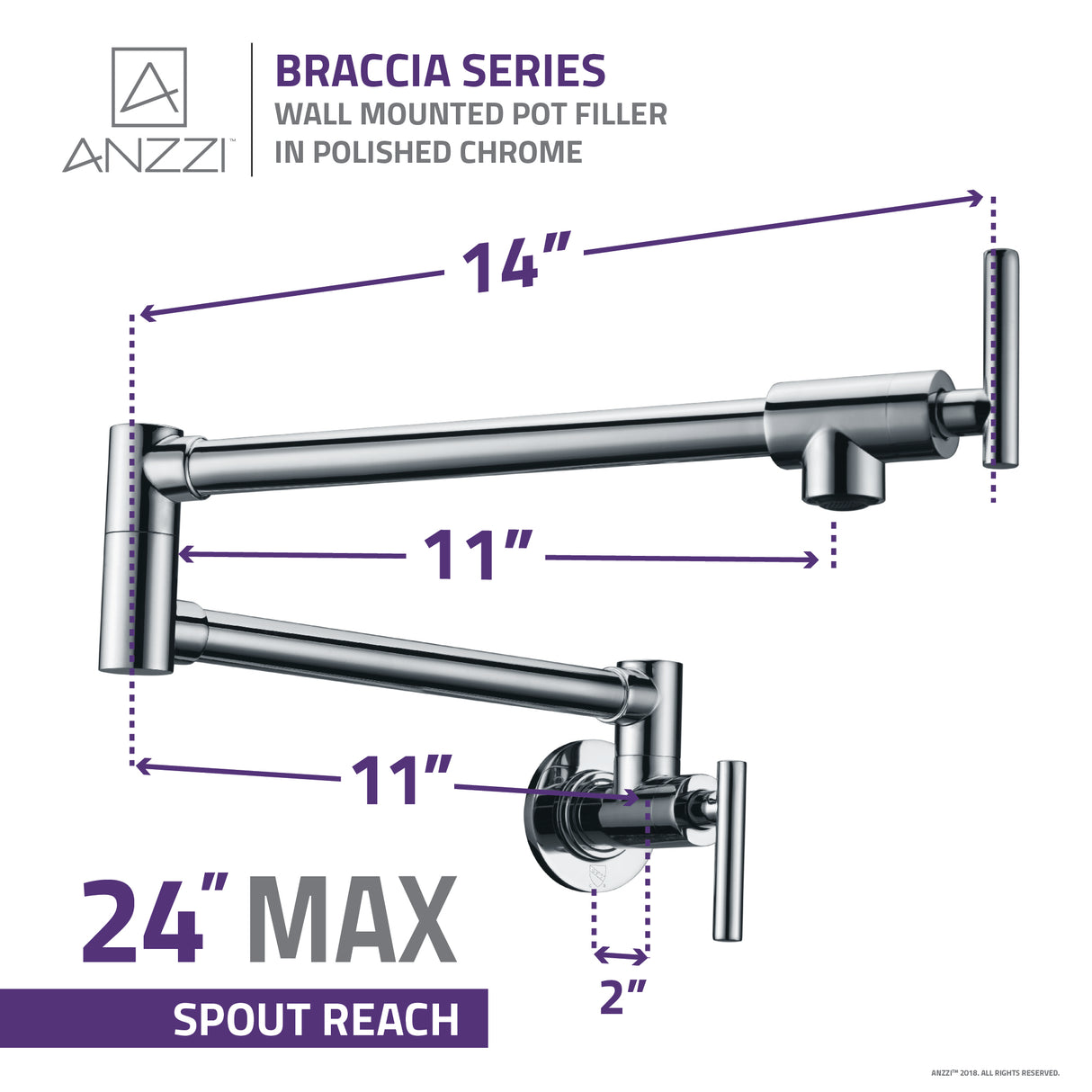 ANZZI KF-AZ258CH Braccia Series 24" Wall Mounted Pot Filler in Polished Chrome