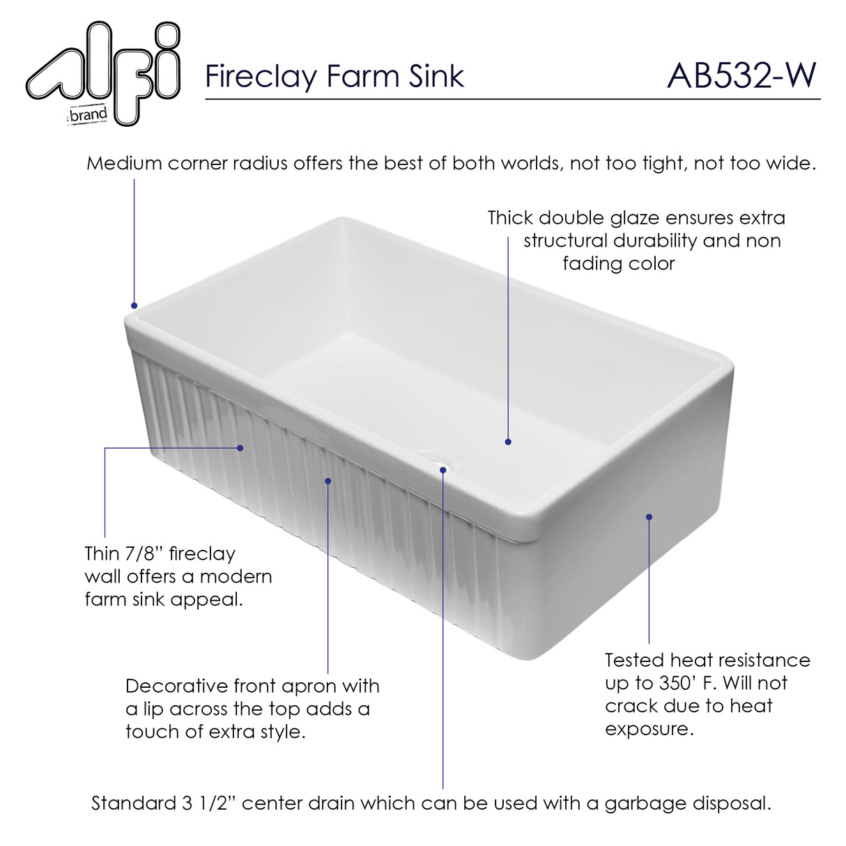 ALFI brand AB532-W 33" White Single Bowl Fluted Apron Fireclay Farm Sink