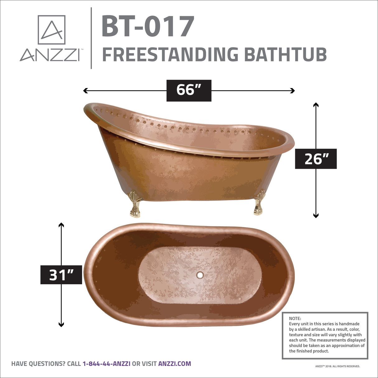 ANZZI BT-017 Sivas 66 in. Handmade Copper Slipper Clawfoot Non-Whirlpool Bathtub in Hammered Antique Copper