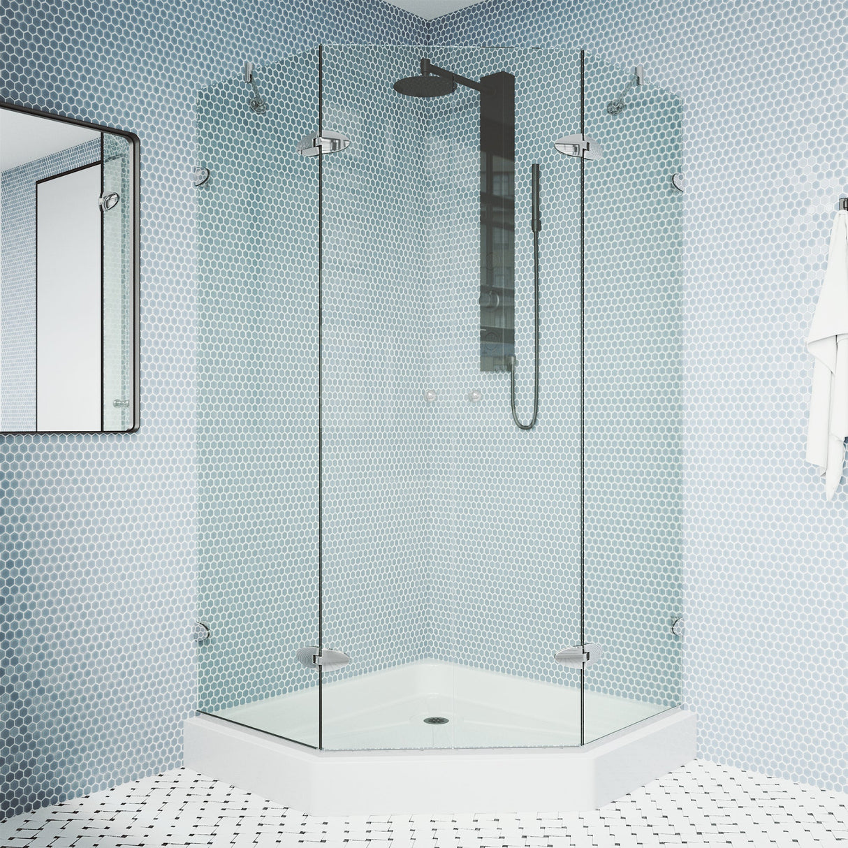 VIGO Gemini 47.675 W x 70.375 H Frameless Hinged Shower Enclosure in Chrome with shower base and handle VG6063CHCL47W