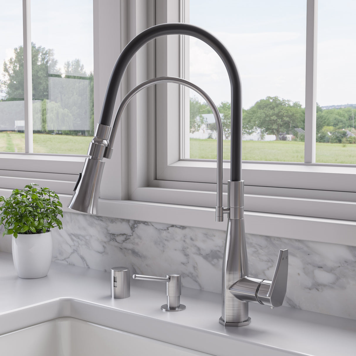 Brushed Nickel Kitchen Faucet with Black Rubber Stem