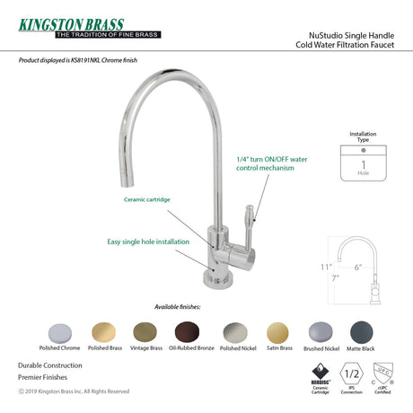 Kingston Brass KS8196NKL Nustudio Single-Handle Cold Water Filtration Faucet, Polished Nickel