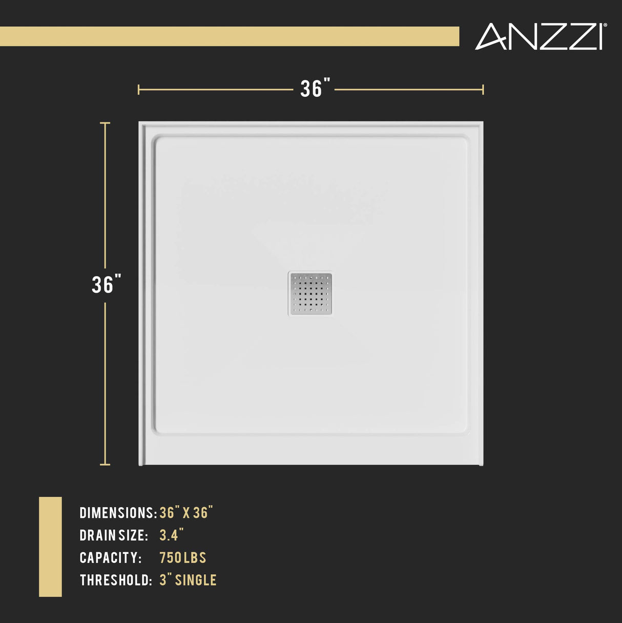 ANZZI SB-AZ102C ALEXANDER 36 in. x 36 in. Center Drain Shower Base in White