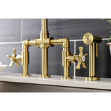 Kingston Brass KS2337NX Hamilton Industrial Style Bridge Kitchen Faucet with Brass Sprayer, Brushed Brass