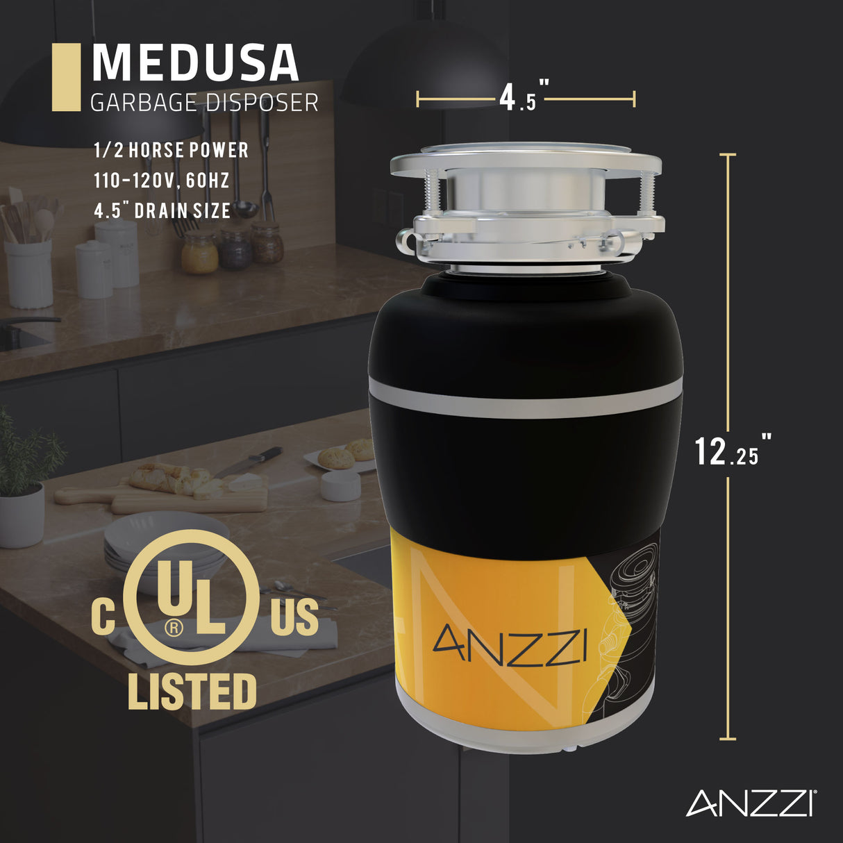 ANZZI GD-AZ212 MEDUSA 1/2 HP Continuous Feed Undersink Garbage Disposal