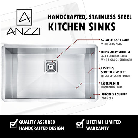 ANZZI K-AZ3018-1AS Vanguard Undermount Stainless Steel 30 in. 0-Hole Single Bowl Kitchen Sink in Brushed Satin
