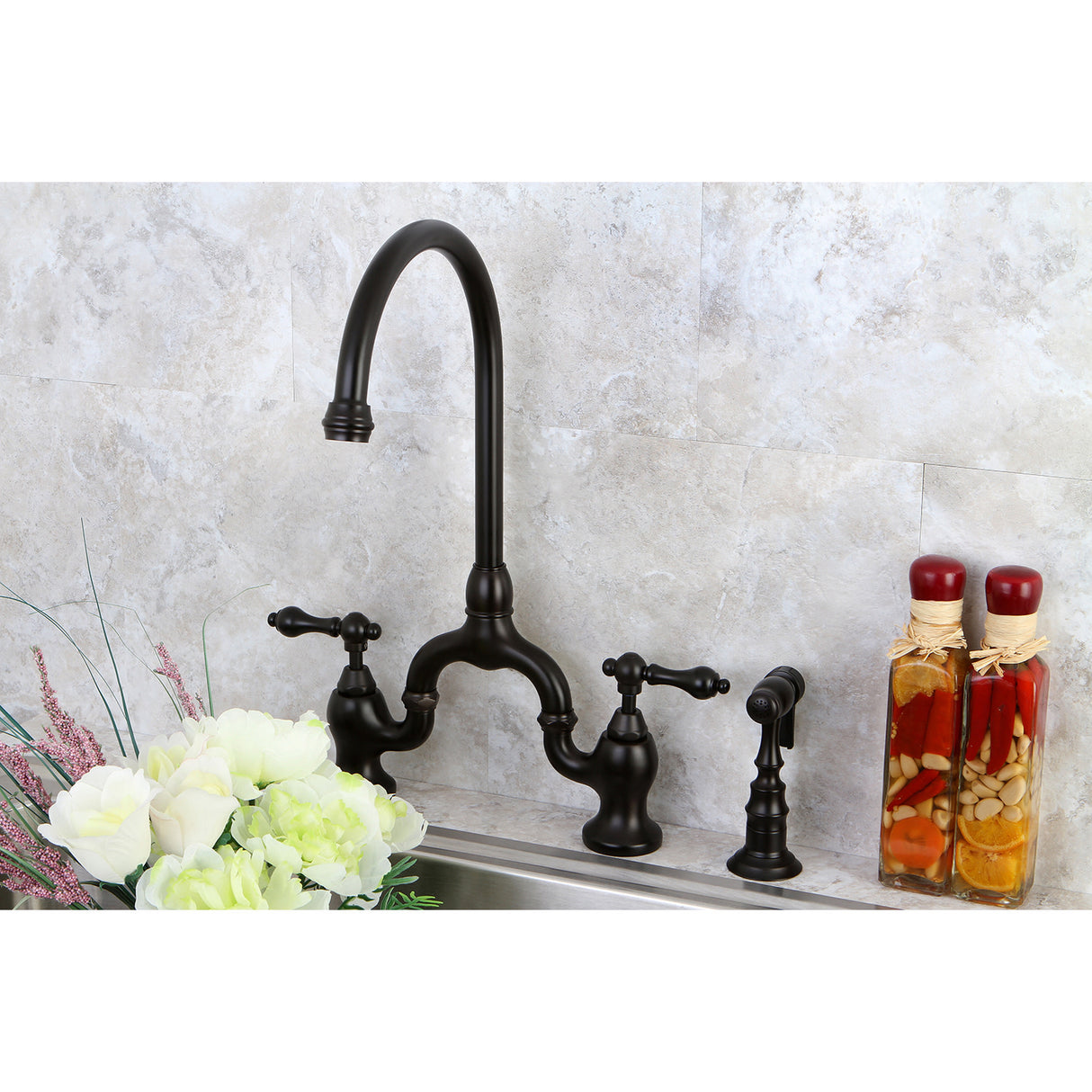 Kingston Brass KS7795ALBS English Country Kitchen Bridge Faucet with Brass Sprayer, Oil Rubbed Bronze