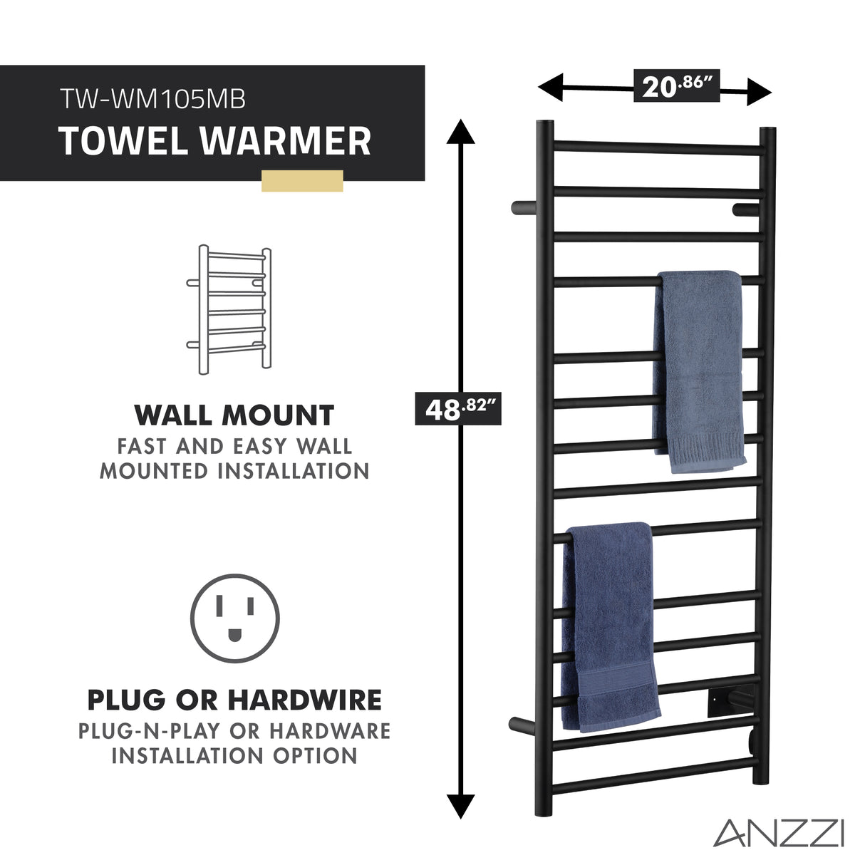 ANZZI TW-WM105MB Elgon 14-Bar Carbon Steel Wall Mounted Electric Towel Warmer Rack in Matte Black