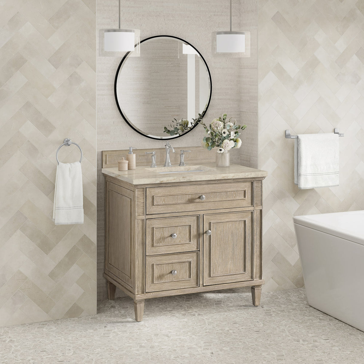 Lorelai 36" Single Vanity, Whitewashed Oak, w/ 3 CM Tajnar Eclos Top