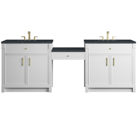 Bellshire 96" Dual Vanity Set with 24" Make-Up Counter, Bright White w/3 cm Charcoal Soapstone Silestone Top