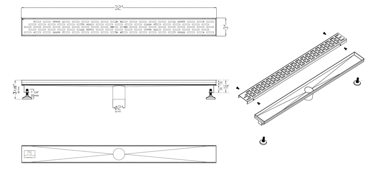 32" Black Matte Stainless Steel Linear Shower Drain with Groove Holes