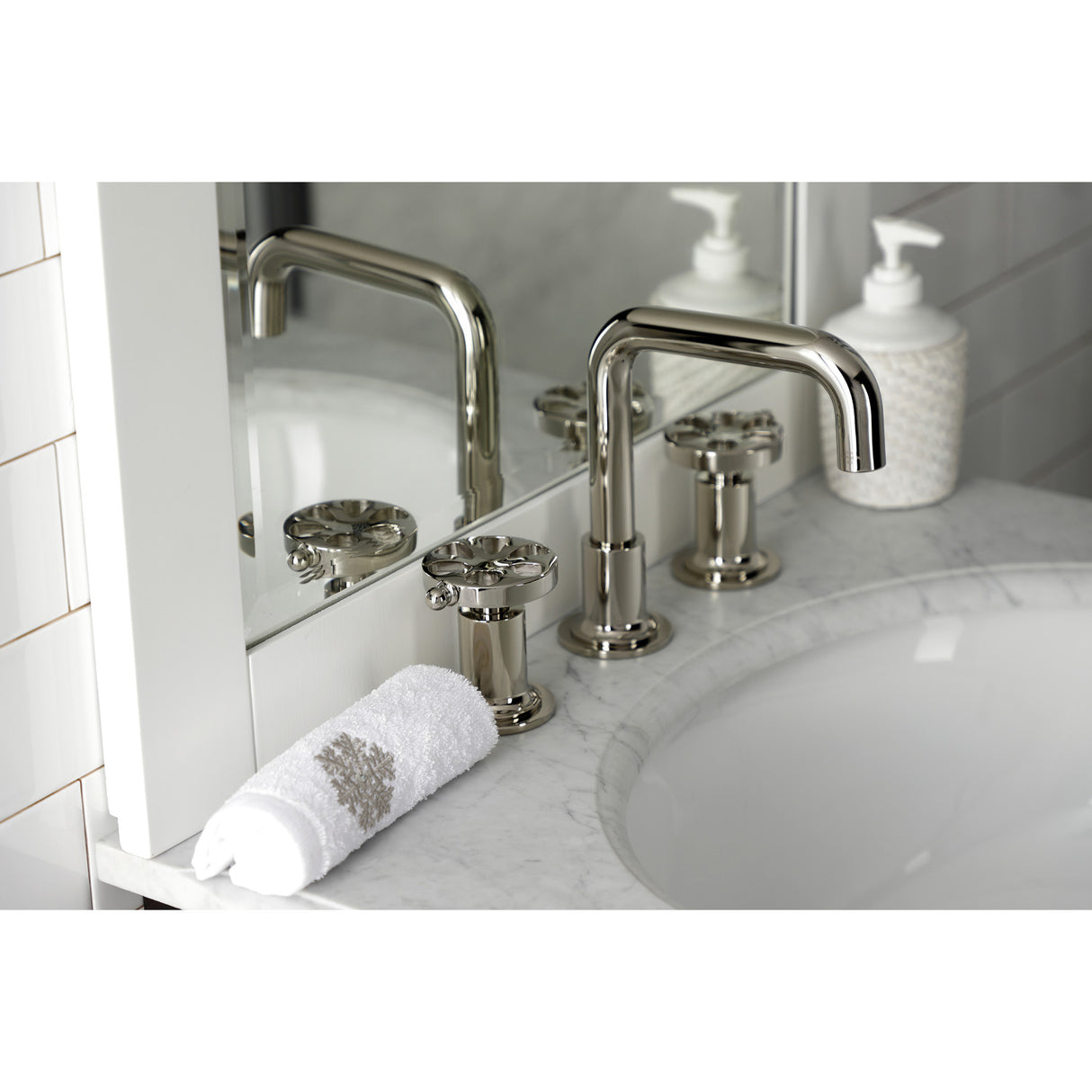 Kingston Brass KS142RXPN Belknap Widespread Bathroom Faucet with Push Pop-Up, Polished Nickel