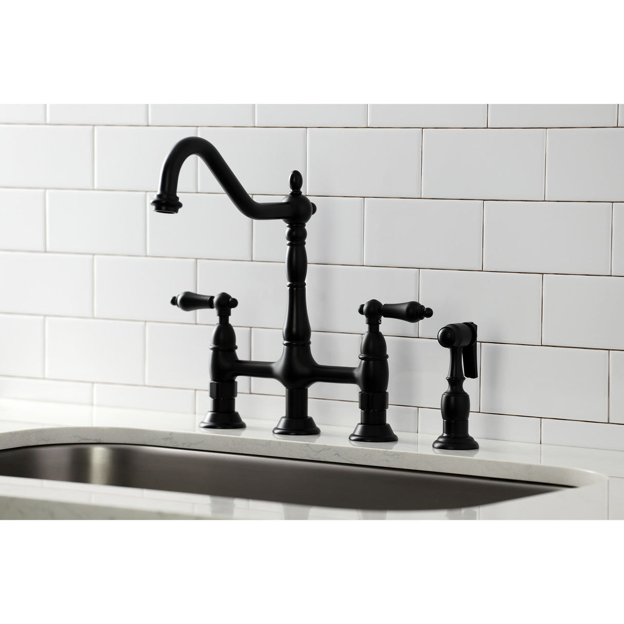 Kingston Brass KS1270ALBS Heritage Bridge Kitchen Faucet with Brass Sprayer, Matte Black