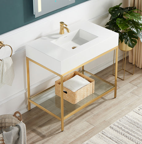 ANZZI CS-FGC001-BG Ventura 36 in. Console Sink in Brushed Gold with Matte White Counter Top