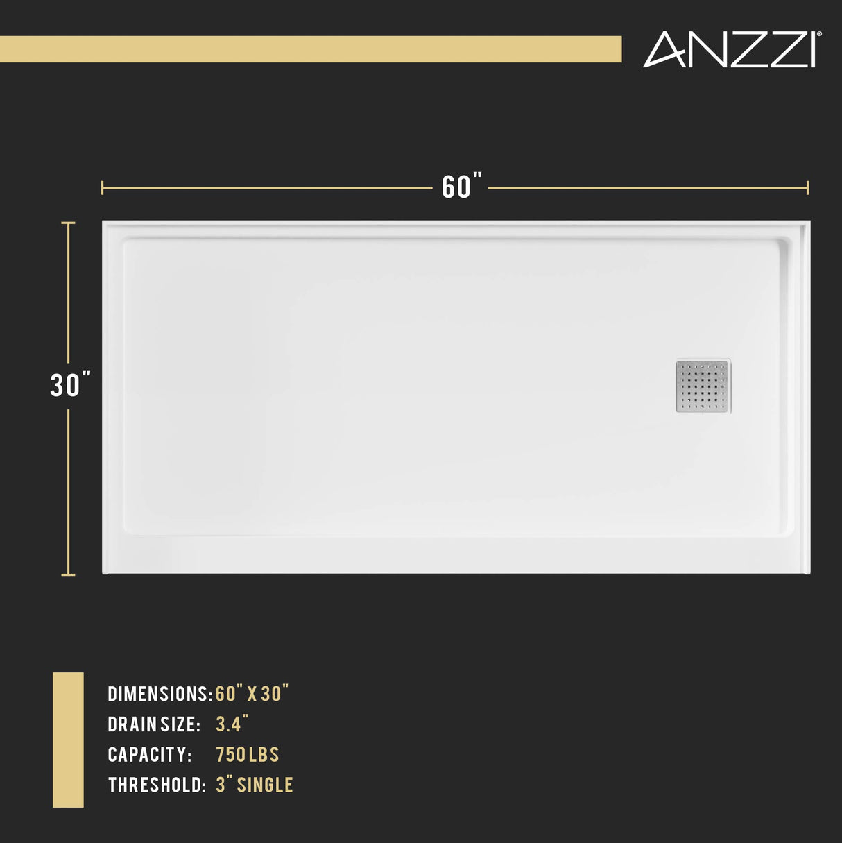 ANZZI SB-AZ101R ALEXANDER 60 in. x 30 in. Right Drain Shower Base in White