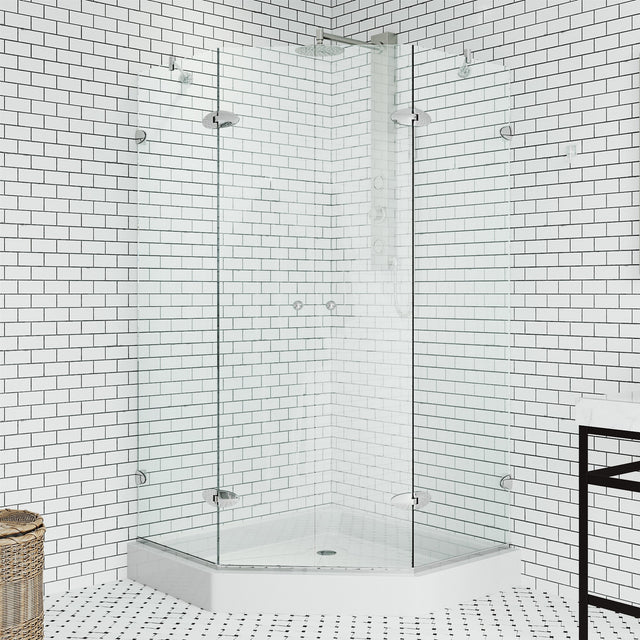 VIGO Gemini 42.125 W x 70.375 H Frameless Hinged Shower Enclosure in Chrome with shower base and handle VG6063CHCL42W