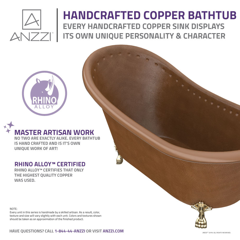 ANZZI BT-017 Sivas 66 in. Handmade Copper Slipper Clawfoot Non-Whirlpool Bathtub in Hammered Antique Copper