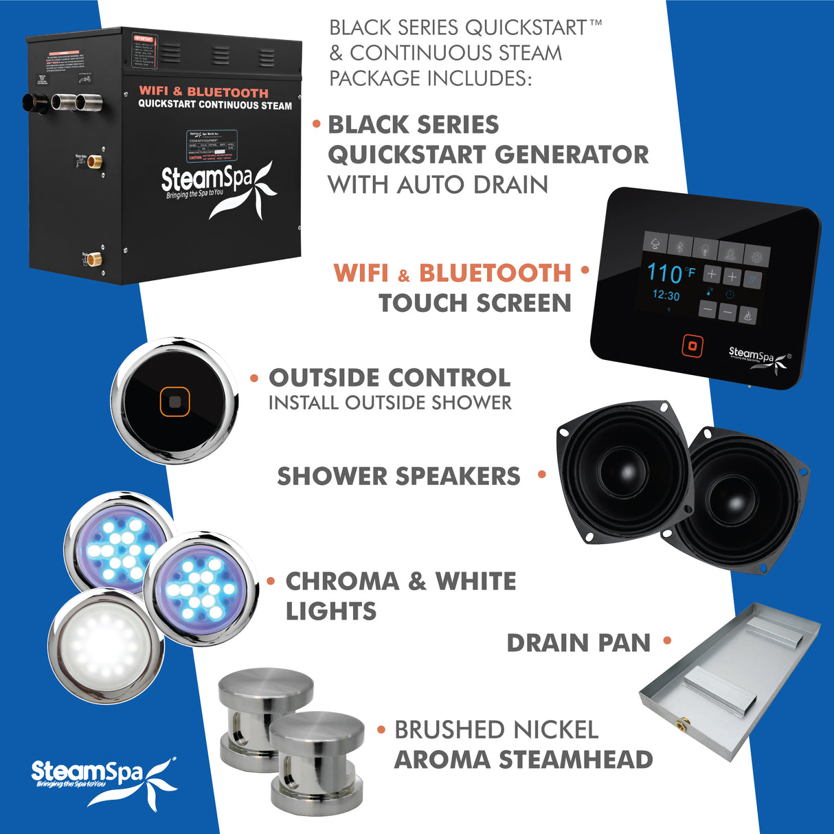 Black Series Wifi and Bluetooth 10.5kW QuickStart Steam Bath Generator Package in Brushed Nickel BKT1050BN-A