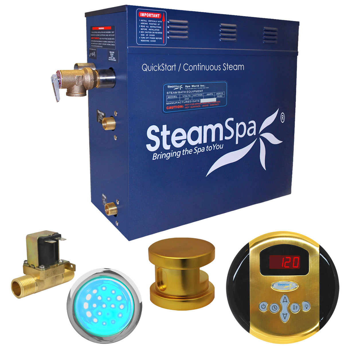 SteamSpa Indulgence 9 KW QuickStart Acu-Steam Bath Generator Package with Built-in Auto Drain in Polished Gold IN900GD-A