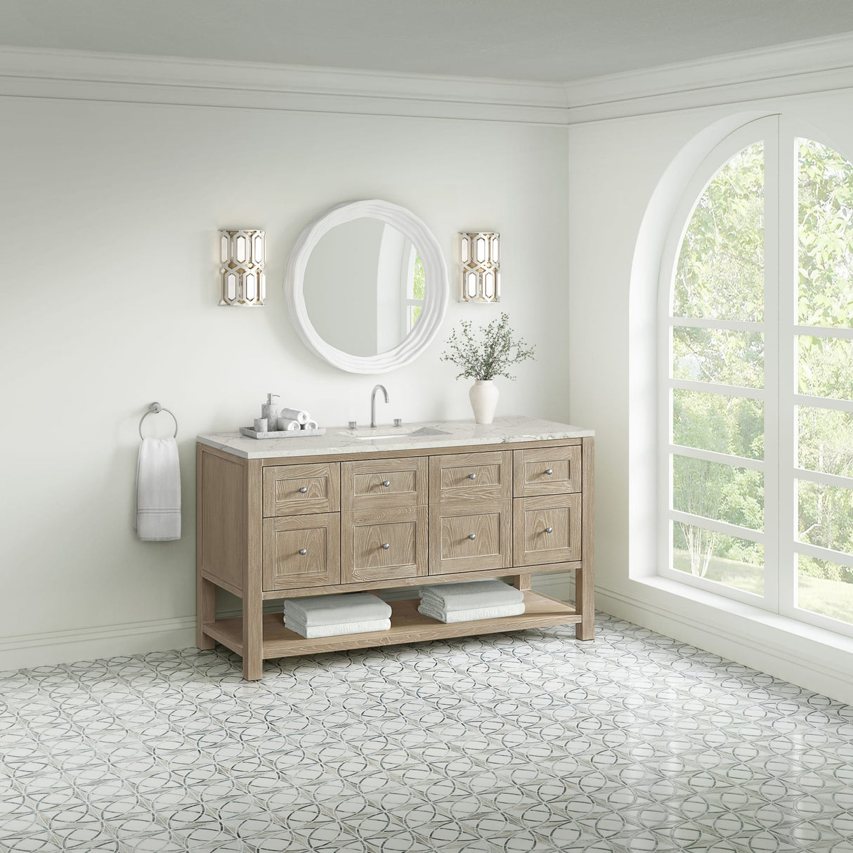 Breckenridge 60" Single Vanity, Whitewashed Oak, w/ 3 CM Victorian Silver Silestone Top w/ FreePower Wireless Charger