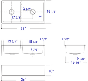 ALFI brand AB3618DB-B  36" Biscuit Smooth Apron Thick Wall Fireclay Double Bowl Farm Sink