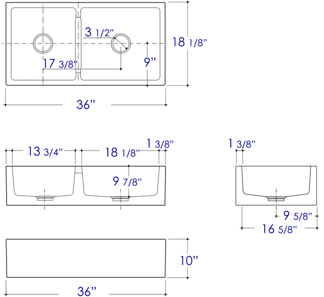 ALFI brand AB3618DB-B  36" Biscuit Smooth Apron Thick Wall Fireclay Double Bowl Farm Sink