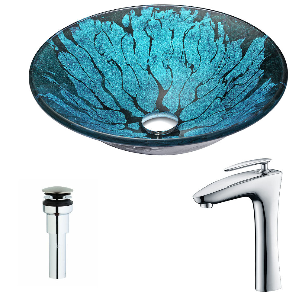 ANZZI LSAZ046-022 Key Series Deco-Glass Vessel Sink in Lustrous Blue and Black with Crown Faucet in Chrome