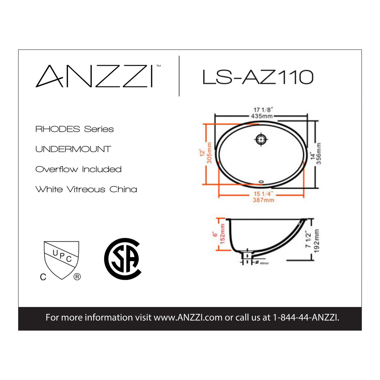 ANZZI LS-AZ110 Rhodes Series 17 in. Ceramic Undermount Sink Basin in White