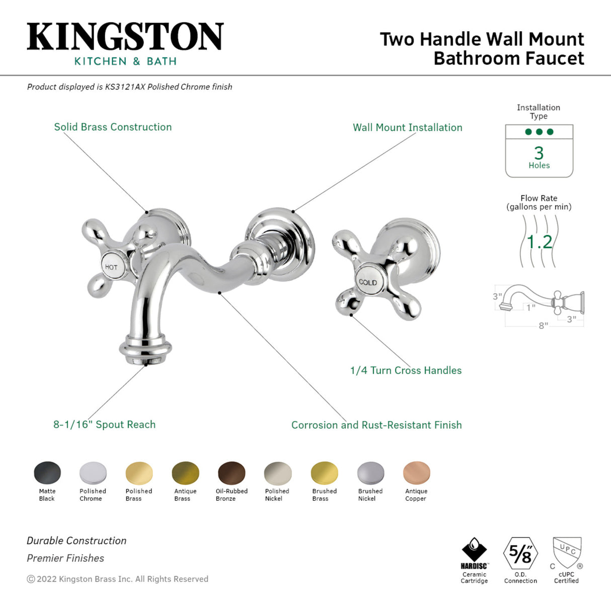 Kingston Brass KS3125AX Vintage 2-Handle Wall Mount Bathroom Faucet, Oil Rubbed Bronze