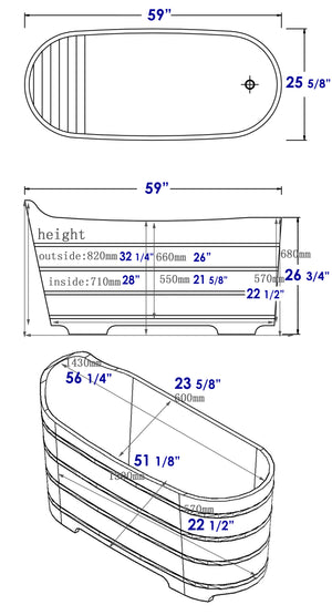 ALFI brand AB1103 59" Free Standing Cedar Wood Bathtub with Bench