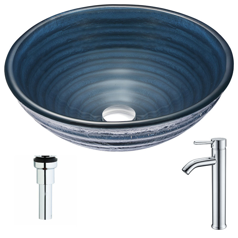ANZZI LSAZ042-041 Tempo Series Deco-Glass Vessel Sink in Coiled Blue with Fann Faucet in Polished Chrome