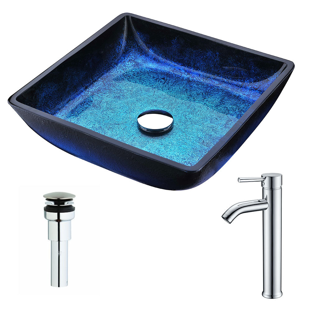 ANZZI LSAZ056-041 Viace Series Deco-Glass Vessel Sink in Blazing Blue with Fann Faucet in Chrome