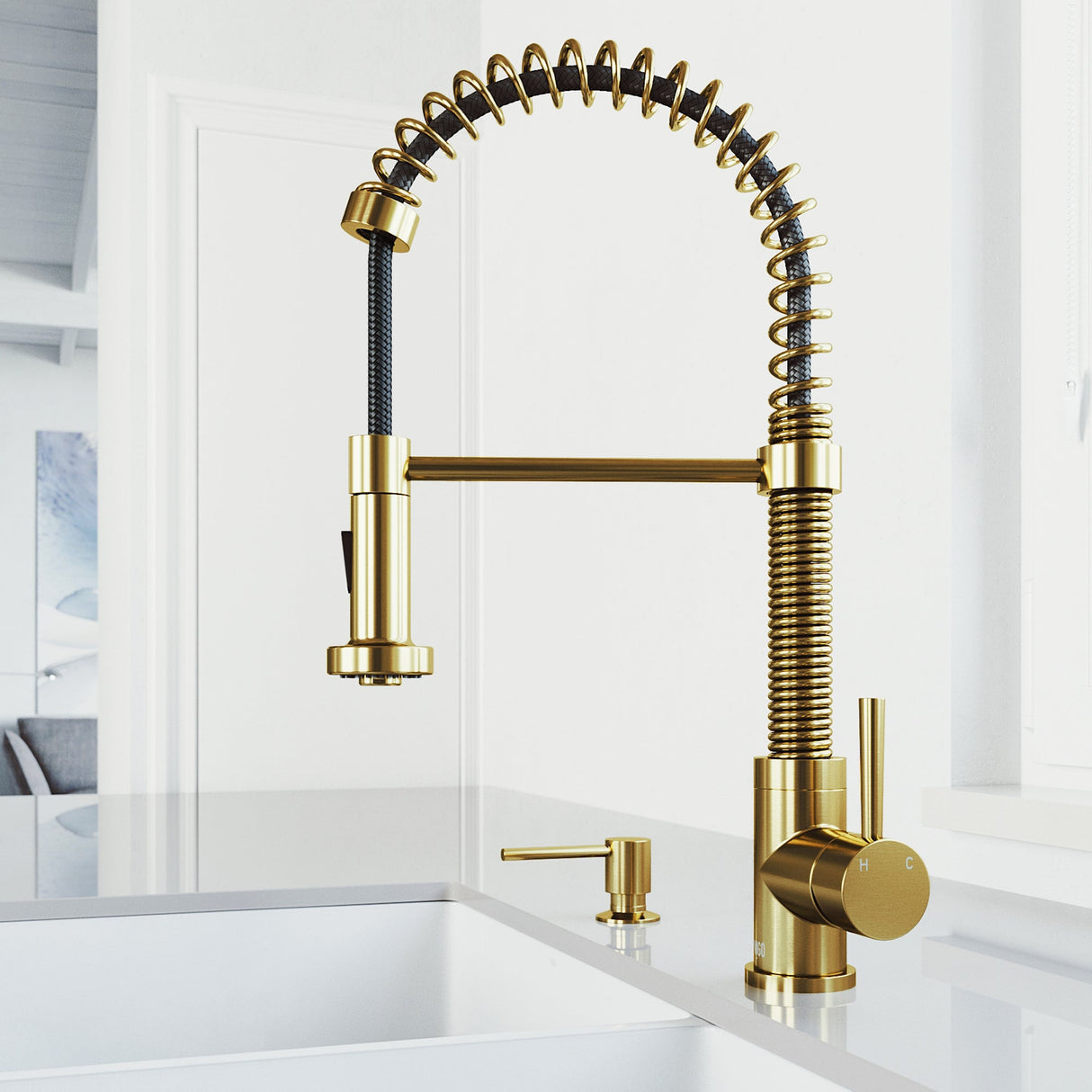 VIGO Edison Kitchen Faucet with Soap Dispenser in Matte Brushed Gold VG02001MGK6
