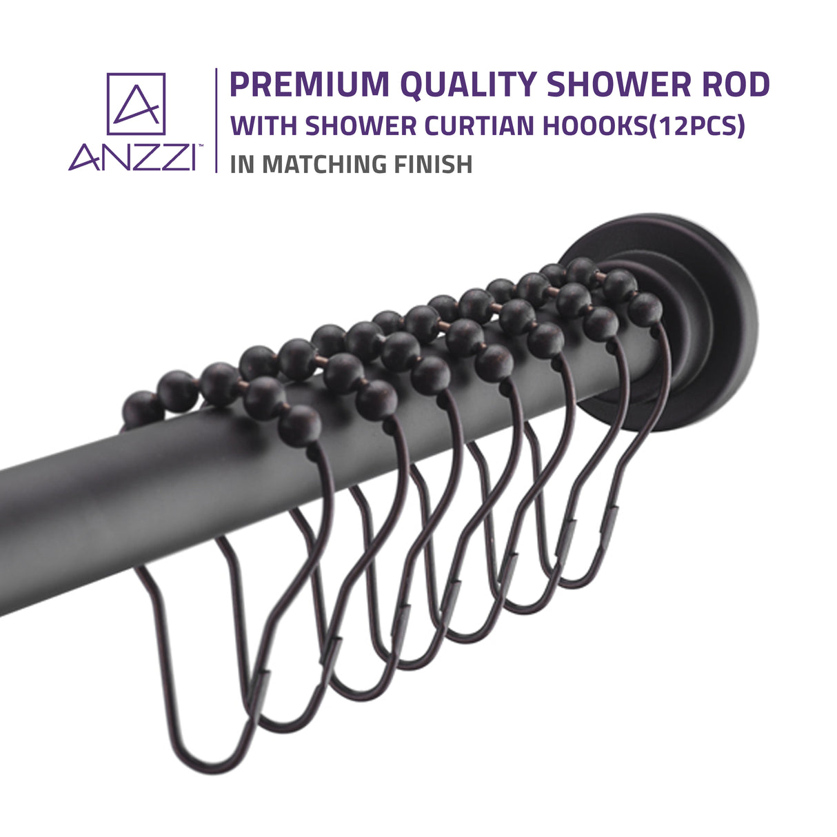 ANZZI AC-AZSR55ORB 35-55 Inches Shower Curtain Rod with Shower Hooks in Oil Rubbed Bronze | Adjustable Tension Shower Doorway Curtain Rod | Rust Resistant No Drilling Anti-Slip Bar for Bathroom | AC-AZSR55ORB