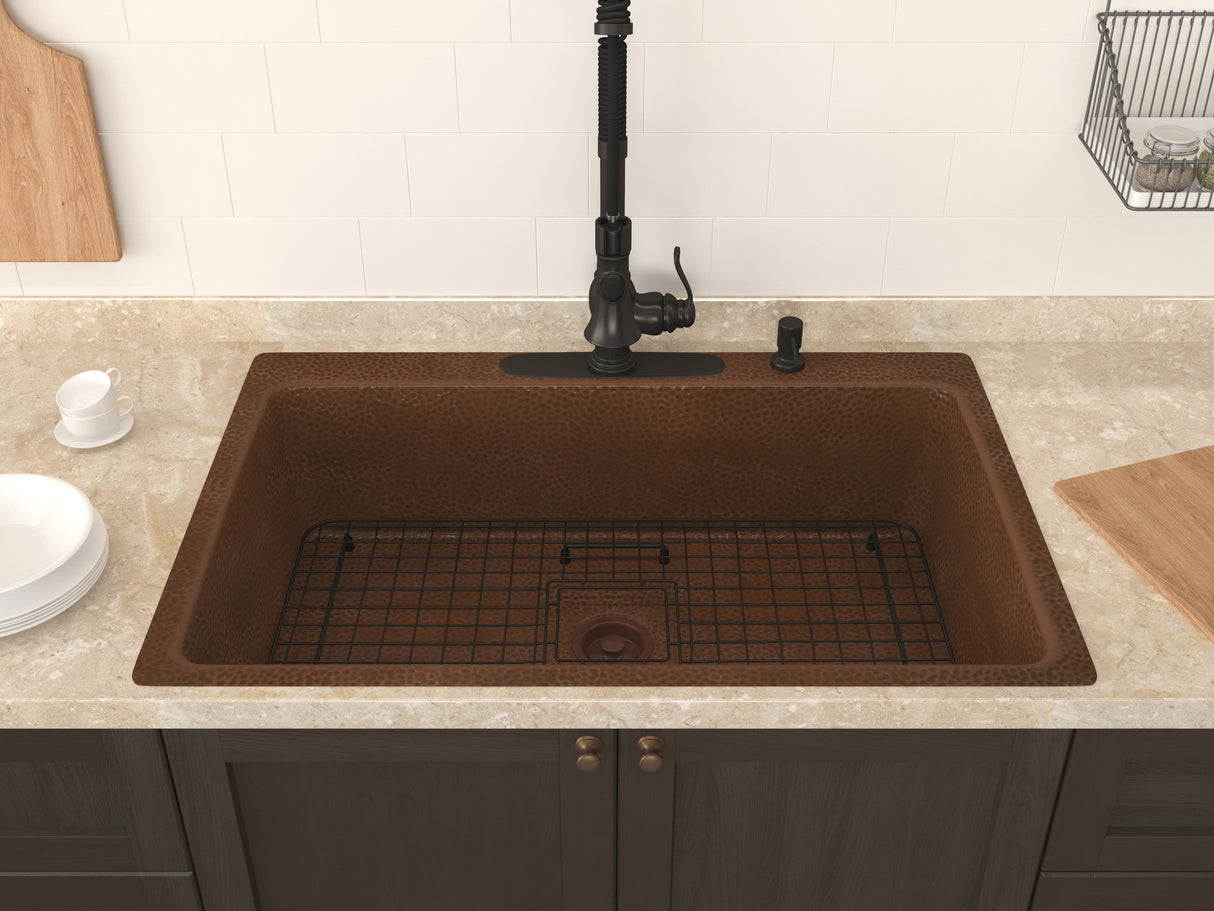 ANZZI SK-028 Lydia Drop-in Handmade Copper 33 in. 4-Hole Single Bowl Kitchen Sink in Hammered Antique Copper