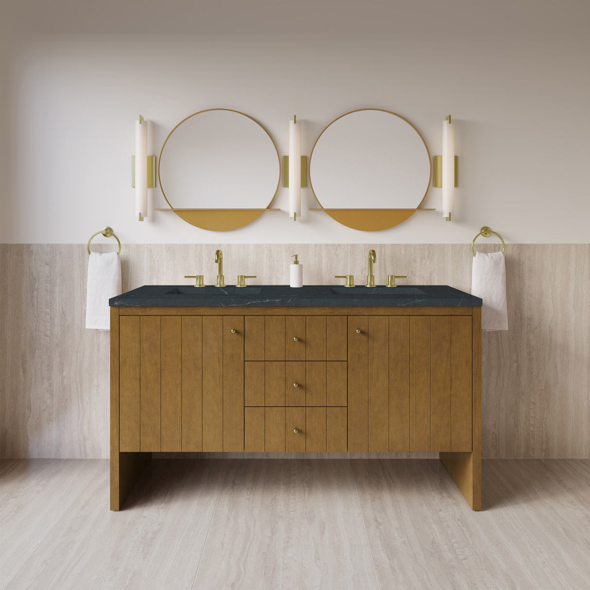 Hudson 60" Double Vanity, Honey Oak w/ 3 CM Charcoal Soapstone Silestone Top