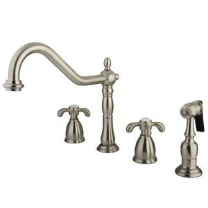 Kingston Brass KB1798TXBS French Country Widespread Kitchen Faucet with Brass Sprayer, Brushed Nickel