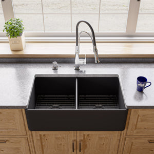 Black Matte Smooth Apron 33" x 18" Double Bowl Fireclay Farm Sink