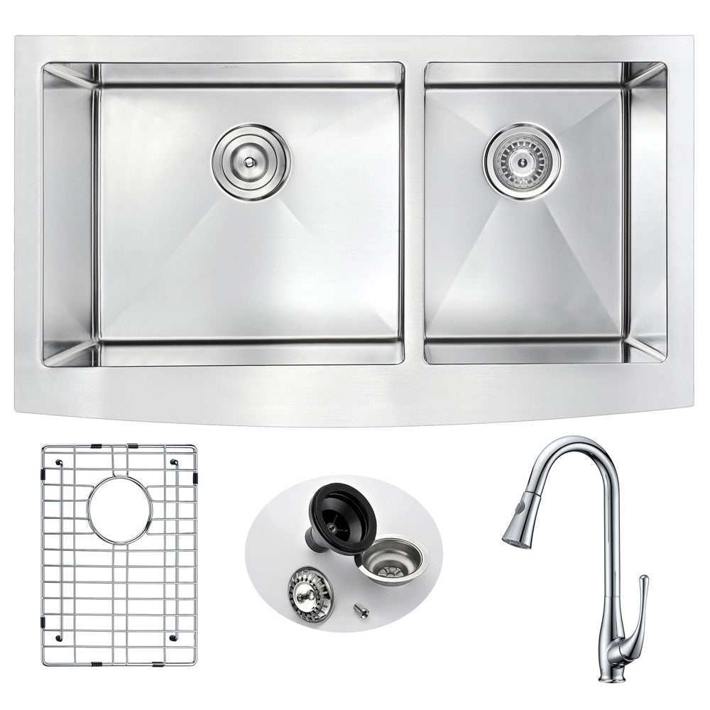 ANZZI KAZ3320-041 Elysian Farmhouse 33 in. Double Bowl Kitchen Sink with Singer Faucet in Polished Chrome