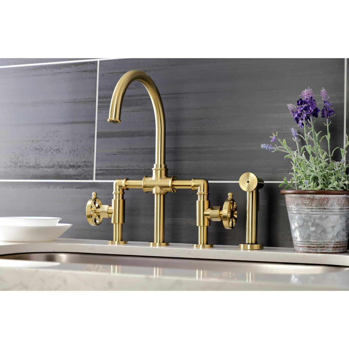 Kingston Brass KS2337RX Belknap Industrial Style Bridge Kitchen Faucet with Brass Sprayer, Brushed Brass