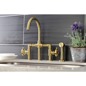 Kingston Brass KS2337RX Belknap Industrial Style Bridge Kitchen Faucet with Brass Sprayer, Brushed Brass