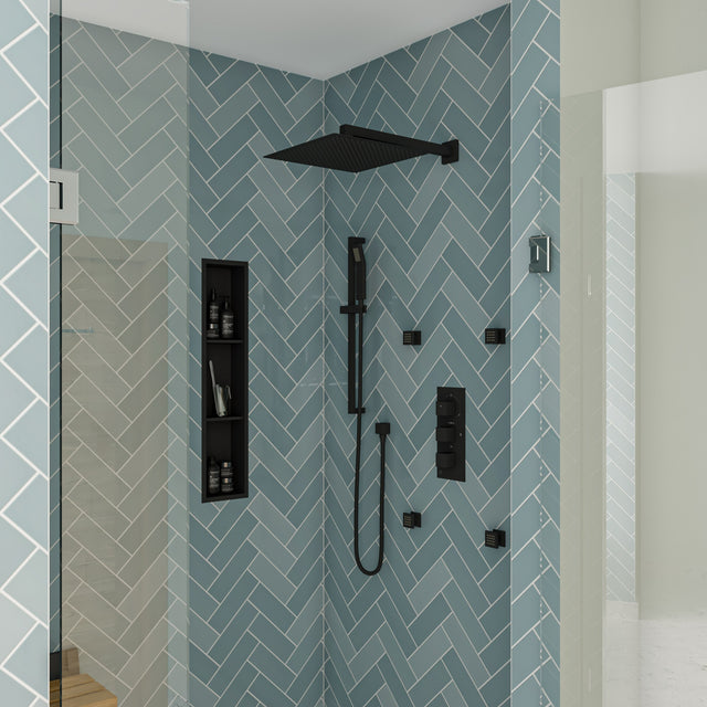 Black Matte 3-Way Thermostatic Valve Shower Mixer Square Knobs