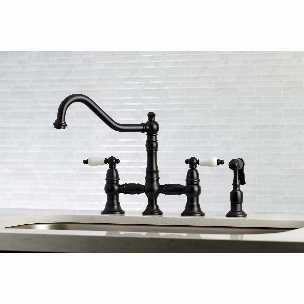 Kingston Brass KS3270PLBS Restoration 8" Bridge Kitchen Faucet with Sprayer, Matte Black