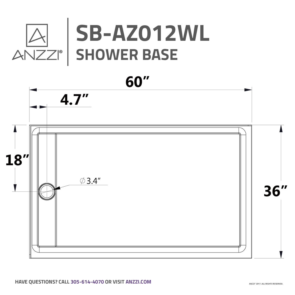 ANZZI SB-AZ012WL Field Series 36 in. x 60 in. Double Threshold Shower Base in White