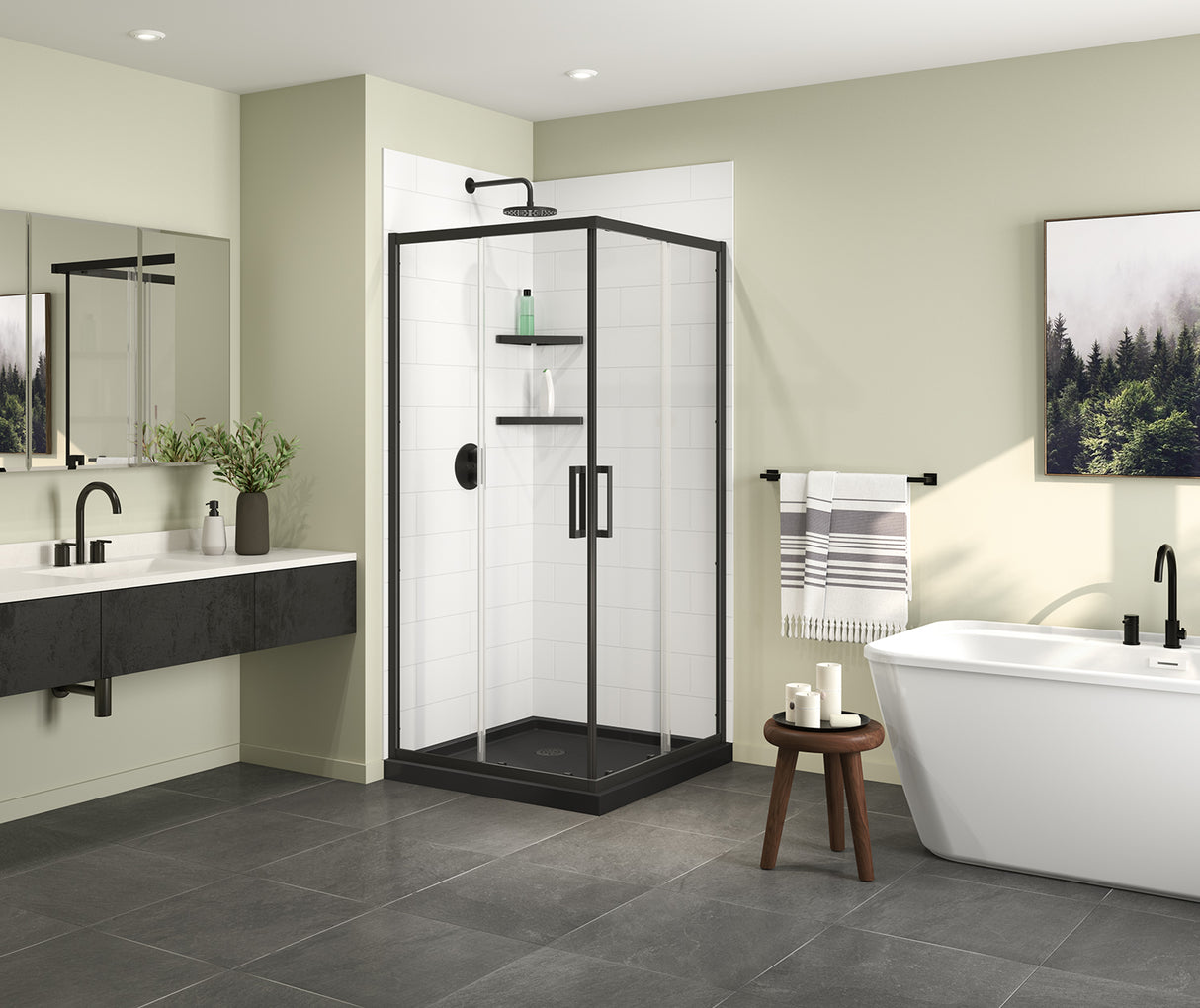 MAAX 107482-900-340-000 Scarlet 36 x 36 Acrylic Corner Drain Shower Kit in Black with Clear Glass in Matte Black
