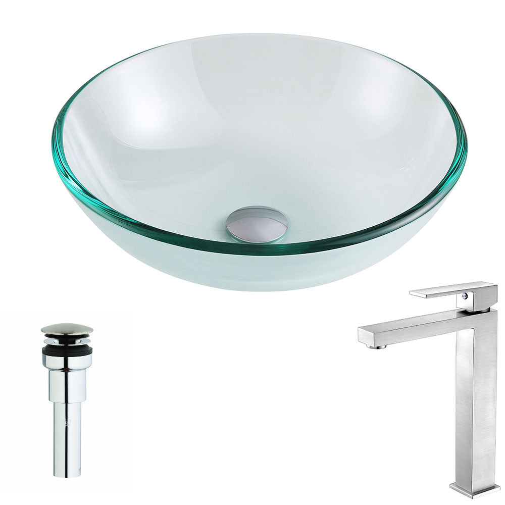 ANZZI LSAZ087-096B Etude Series Deco-Glass Vessel Sink in Lustrous Clear with Enti Faucet in Brushed Nickel