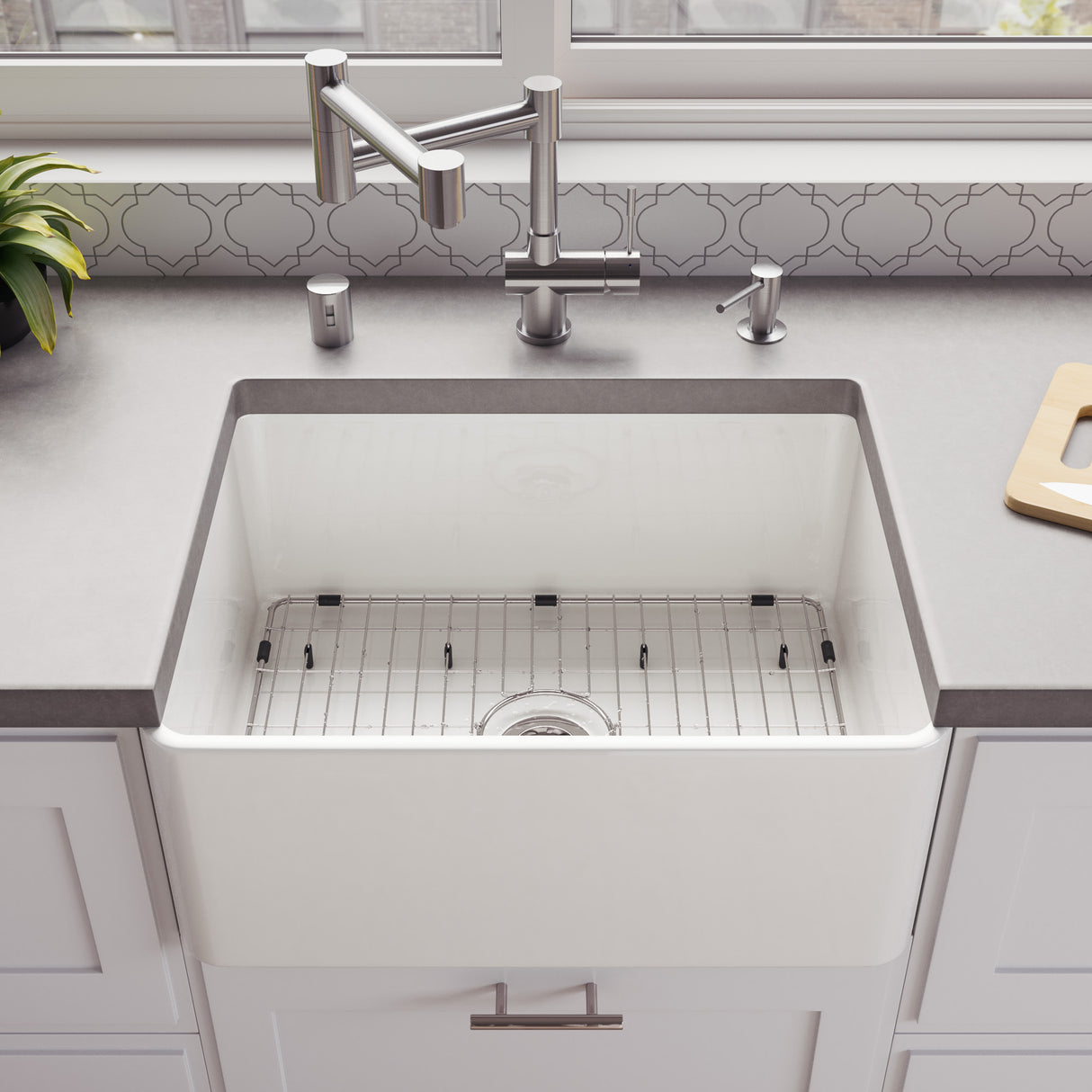 ALFI brand ABF2418 24" White Thin Wall Single Bowl Smooth Apron Fireclay Kitchen Farm Sink