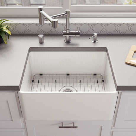 ALFI brand ABF2418 24" White Thin Wall Single Bowl Smooth Apron Fireclay Kitchen Farm Sink