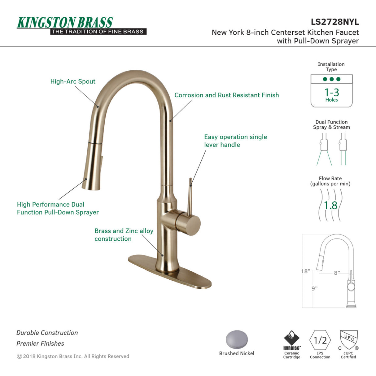Gourmetier LS2728NYL New York Single-Handle Pull-Down Kitchen Faucet, Brushed Nickel